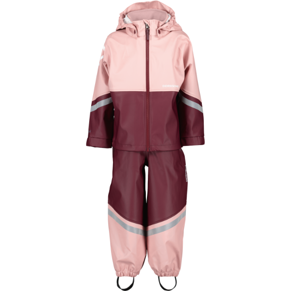 Børns Waterman regnsæt med justerbare seler og reflekterende detaljer, der beskytter mod regn og kulde. Aftagelig hætte, elastiske manchetter, og silicone foot straps sikrer komfort og sikkerhed under leg.